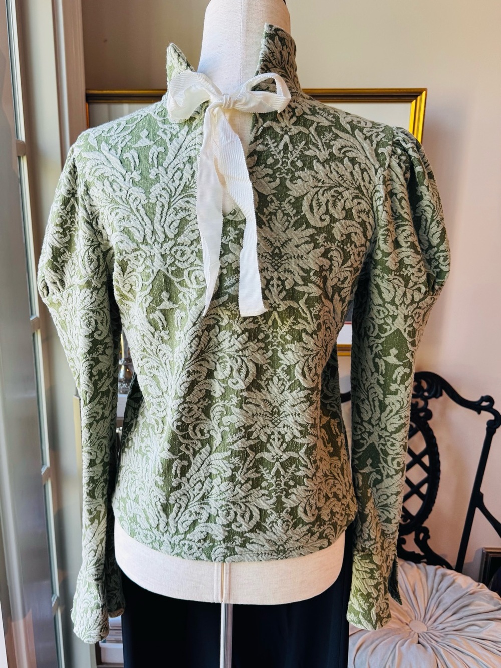 Anthropologie Sage Green Jacquard Mock-Neck Puff Sleeve Top